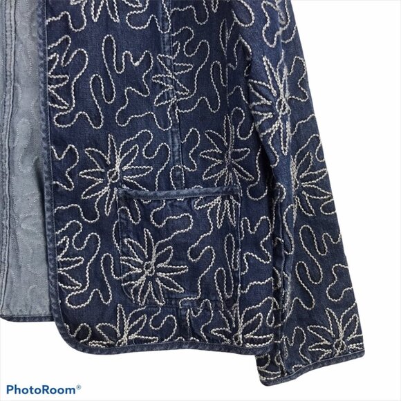 TanJay Floral Embroidered Oversized Denim Open Front Jacket Tencel cotton S P - Picture 6 of 13